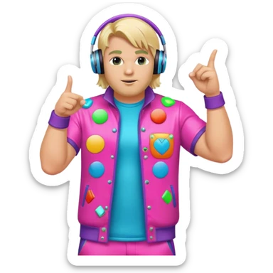 blond big man in colorful dj outfit pointing sideways sticker
