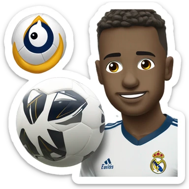 Create a crying Vinicius emoji in Real Madrid gear next to the Santiago Bernabéu stadium sticker