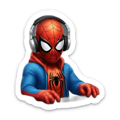 Spider-Man in headphones playing DJ mixer with piano sticker