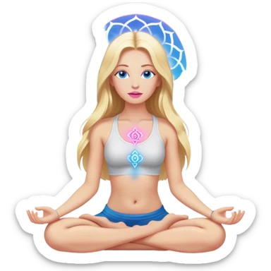 Cinematic realistic blonde with long hair, blue eyes and pink lips meditates, her chakras glow sticker