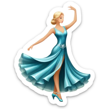 Humanless Icon for Ballroom Dance: elegant ballroom dance shoes, a sparkling dress, and a dance floor with a spotlight. The icon should capture the grace and elegance of ballroom dancing, with emphasis on movement and rhythm. Transparent background. sticker