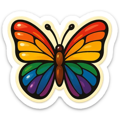 a butterfly in retro stickers style, bold outlines, vintage look, rainbow pride colors sticker