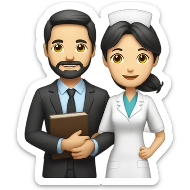 husband middle-aged trimmed beard wearing business suit holding bible, wife asian middle-aged black long hair nurse, with no children sticker