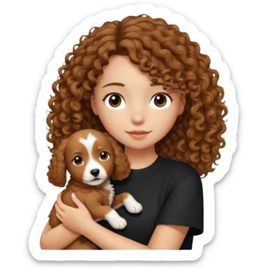 A girl with shoulder-length hair, dressed in a black tee, gently holding a curly-haired brown dog in her arms." sticker