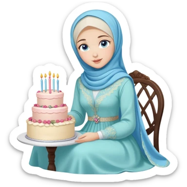 Turkish beautiful finish Konya girl blue eyes with pastel hijab long tail dress and sits on the chair and holds floral cake with her hand  sticker