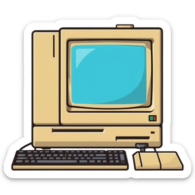 Vintage desktop computer from the 80s, bulky beige monitor with floppy disk drive, separate keyboard, nostalgic tech aesthetic sticker