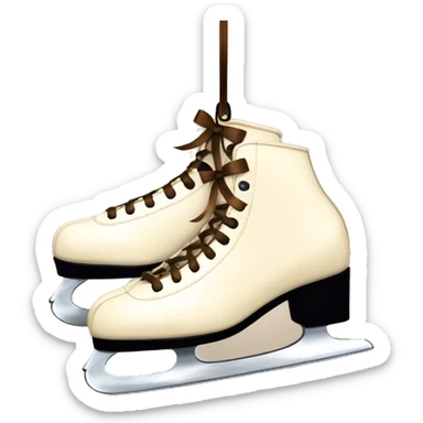 Cream color pair of ice skates hanging from a brown bow sticker