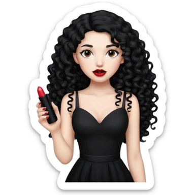 long black curly hair with white skin black dress and lipstick sticker