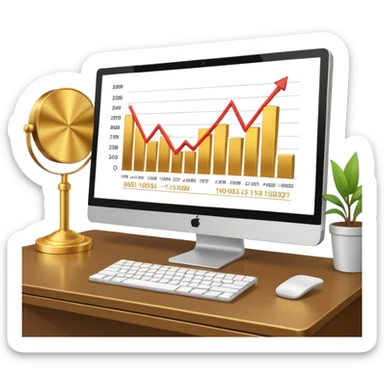 Mach mir einen schreibtisch mit einem bildschirm drauf wo mann einen Chart sieht von Gold sticker