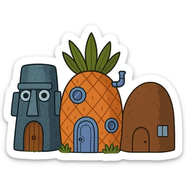 Make all three houses more detailed, keep only the houses, no characters, with a transparent background, cartoon style in flat toon style. sticker