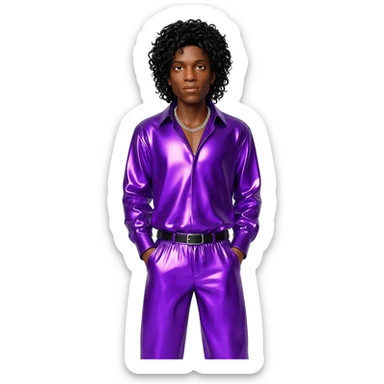 Prince Rogers Nelson with black long jerry curl hair, purple metallic shirt, purple metallic baggy pants, silver necklace sticker