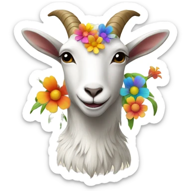 a goat with flowers and rainbows sticker