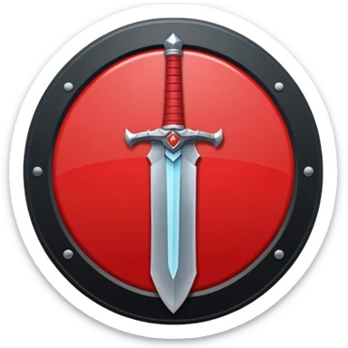 Make an mmo rpg red sword class icon inside of a round emblem in anime style sticker
