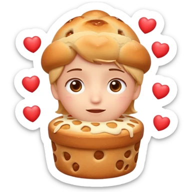Apple-style emoji illustration of a cuteperson  with dreamy eyes thinking of a traditional panettone, small hearts floating around, soft 3D emoji style, smooth gradients, rounded shapes, warm festive colors, simple expression, centered composition, transparent background, no text. sticker