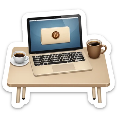 Laptop on the rectangular beige table, coffee and notebook sticker