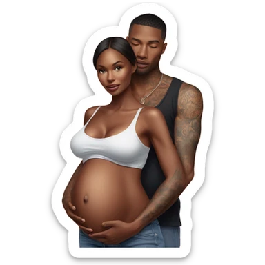Photo of a Victoria secret model pregnant with a tattooed male model with his hand on her stomach  sticker