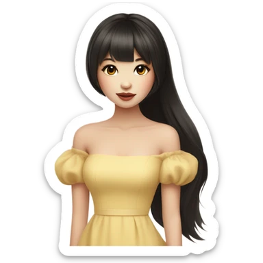 Asian girl , long dark hair with bangs side bangs, off shoulder Pale Yellow dress with puffy sleeve,warm toned Doll like makeup sticker
