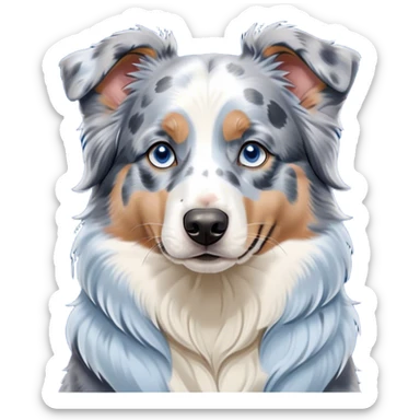 Cinematic Noble Blue Merle and White Australian Shepherd Portrait Emoji, Poised and regal, with a strong, agile build and a well-groomed blue merle coat accented by crisp white markings, piercing blue eyes, Simplified yet sharp and sophisticated features, highly detailed, glowing with a soft, dignified glow, high shine, intelligent and loyal, stylized with an air of strength, focused and attentive, soft glowing outline, capturing the essence of a watchful and confident herder, so majestic it feels as though it could step out of the screen with effortless authority! sticker