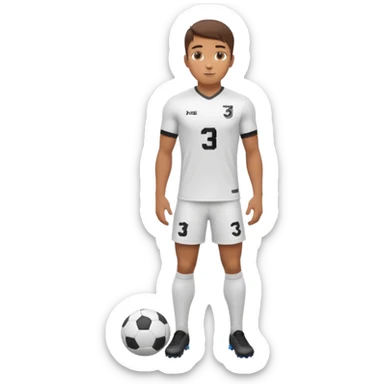 Apple emoji style 23 year old soccer player standing confident pose, white jersey #3, ultra detailed 3D sticker