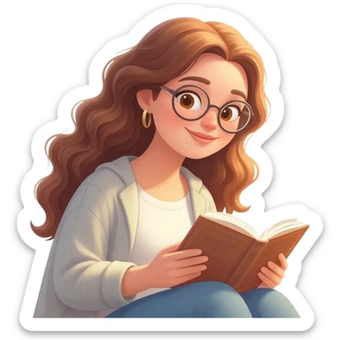 detailed emoji illustration of a curvy woman with long chestnut brown wavy hair, light brown eyes and round glasses, sitting comfortably and reading a book, warm sunlight, peaceful atmosphere, emoji style sticker