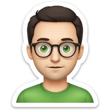 simple male emoji with poofier slightly curly dark hair, big ears, pale skin, glasses, green eyes, light stubble sticker