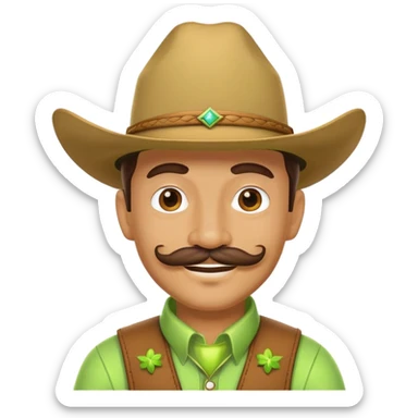 Smiling cowboy character with a lime green hat and mustache sticker