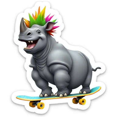a rhino with ￼crazy hair on a skateboard  sticker