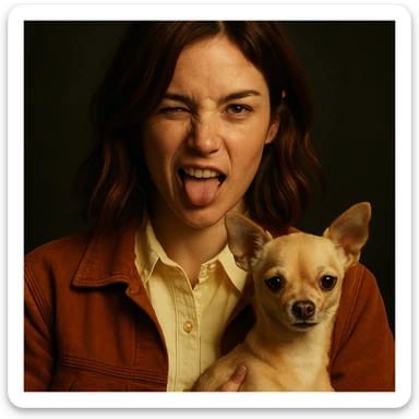 Portrait style Netflix poster of a woman with tanned skin, subtle freckles, wearing a pale yellow shirt color #FFF8CA, rust-colored jacket, medium-length brown hair with auburn highlights, rebellious and playful expression, holding a beige-brown chihuahua, dark background. sticker