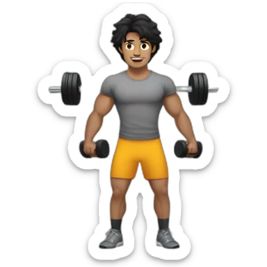 a man with grey tshirt with gym weights, black hair, medium long messy hair sticker