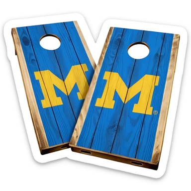 Cornhole board blue and yellow with Michigan “M” sticker