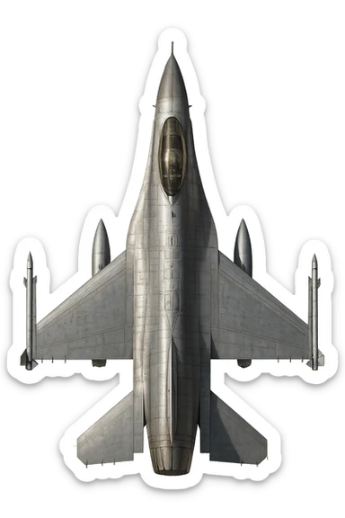 realistic F-16 jet fighter, top-down view, detailed, metallic, no background sticker
