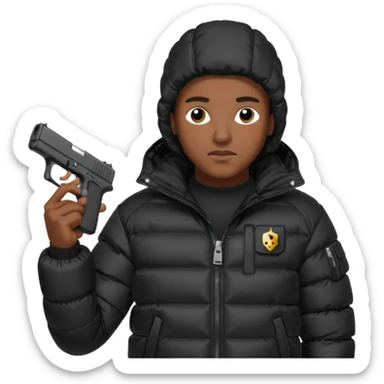 african american wearing a black puffer jacket with the hood on and holding a glock 26 sticker