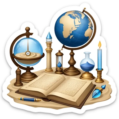 An icon featuring ancient scrolls, a quill pen, and large, old-fashioned sand clocks, symbolizing the study of history. The design includes a globe and a timeline with significant historical events, set against ruins to evoke past civilizations. Transparent background highlights the passage of time. sticker