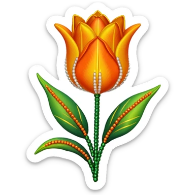 french beaded tulip, floral craft, sparkling glass beads, orange and yellow gradient petals, green foliage, realistic, elegant, no background sticker