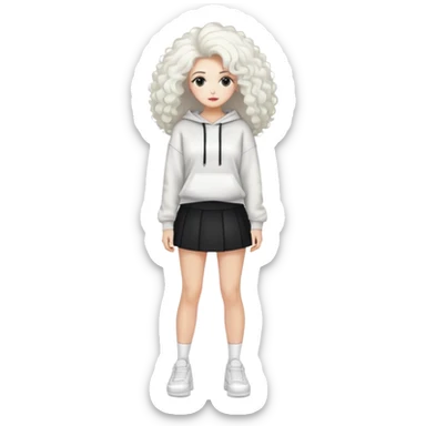 Female with slim hourglass figure, white big hair, wearing white sweatshirt, black skirt, and white shoes, full body pose sticker