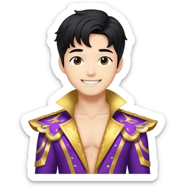 K-pop male idol with black hair, smiling face, wearing flashy stage costume sticker