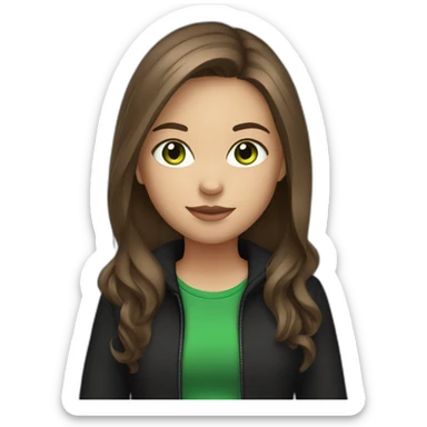 girl with long brown hair, green eyes,in black jacket, with grey laptop sticker