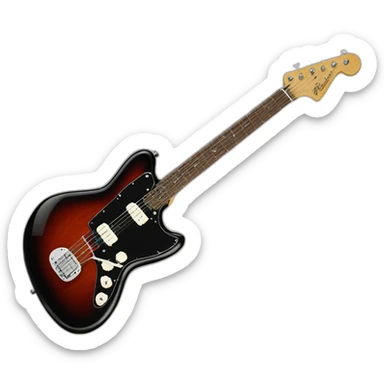 a black fender jazzmaster with a red tortoise shell pickguard sticker