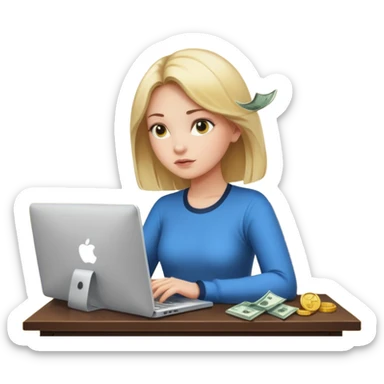 Girl who is trading options on her computer with $ signs in air sticker