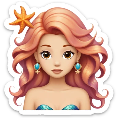 mermaid with seashells in hair, starfish earrings sticker
