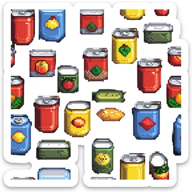 Four pixelated canned food items in a row, different colored cans sticker