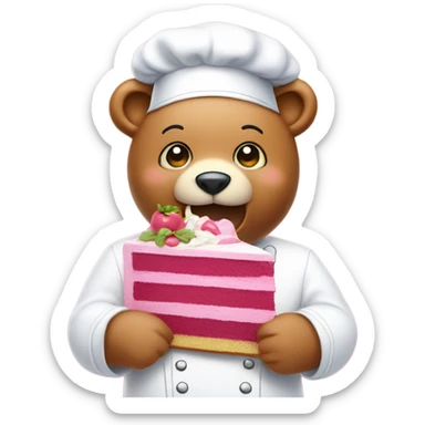pink bear with chef hat eating a cake sticker