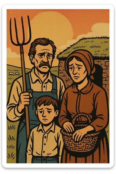 A sad homestead farming family from the 1860s standing in front of their sod house on the Great Plains. The father is holding a pitch fork and the mother is carrying an empty basket. The land in the background is grassland with a few grazing sheep sticker