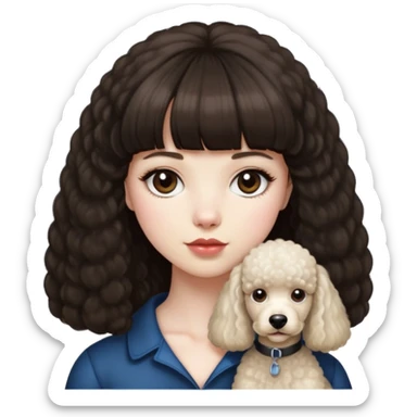 Girl with pale skin and waist length dark-brown hair with bangs, with dark brown eyes and plump lips. She had a standard poodle who is light blonde color. He doesn’t have a poodle haircut just natural hair  sticker