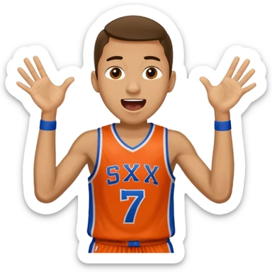 Maverick Trevillian in the crowd at an amateur basketball game. He leans towards the camera and enthusiastically shouts "six seven sticker