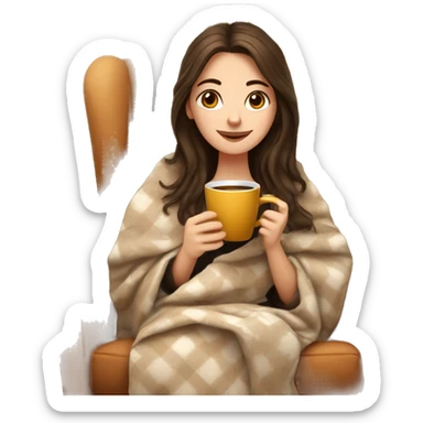 Brunette white girl covered in blanket autumn vibe sitting on a cozy chair holding coffee,  sticker