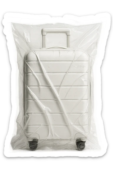 white suitcase on wheels, vacuum sealed style, with handle, soft shadows and highlights, pure white color, transparent background, no decoration sticker