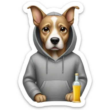 Dog wearing a grey hoodie holding a tequila bottle sticker
