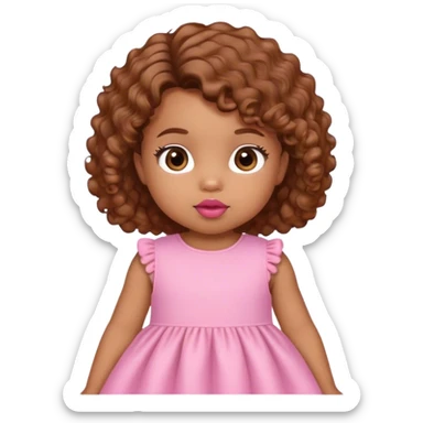 light brown skin tone, very adorable toddler, with big plump lips, long long lashes, brown curly bob, brown eyes, pink dress sticker