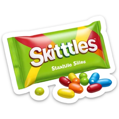 Regular rainbow-colored Skittles package with the standard logo and design, but only lime green Skittles candies spilling out sticker